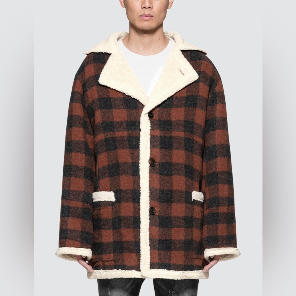 Stampd Plaid Sherpa Lined Coat Mens M Brown Buffalo Check Faux Shearling Jacket